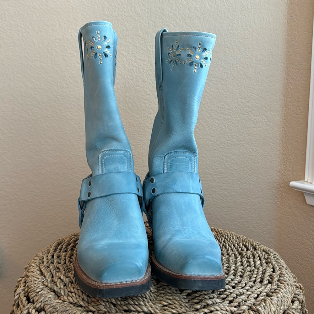 FRYE 77700 Flower Studded Laser Cut Baby Blue Leather Harness Boots